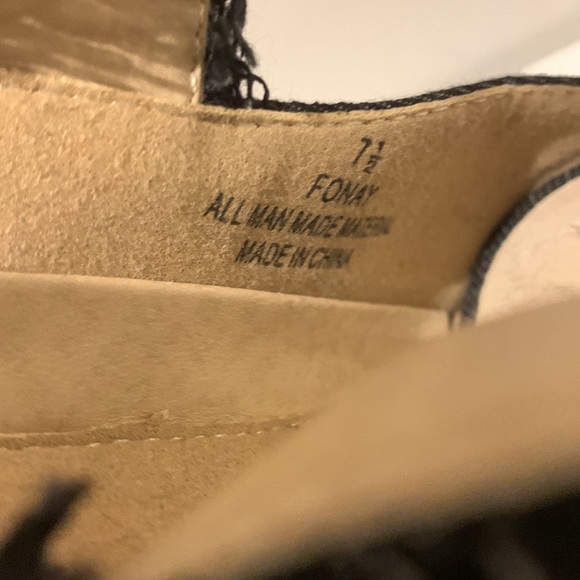 Catherine Malandrino 🖤Black Denim Fray Edge Sherpa Look Fringe Ankle Strap Heel - Picture 9 of 11